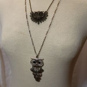 2 Owl Pendant Necklaces 20" & 28"